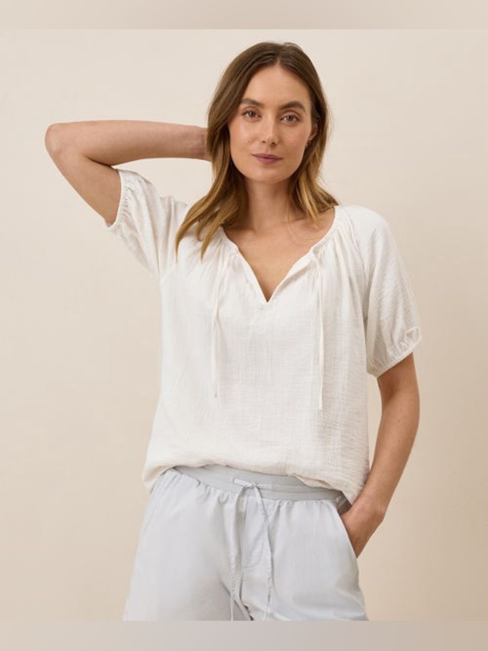 Pact Organic Cotton Coastal Double Gauze Boho Popover Top M White Short Sleeve